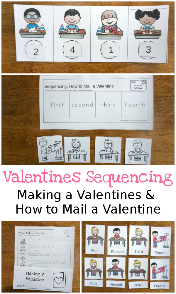 Two Fun Valentines Sequencing Sets: Making a Valentines and How To Mailing a Valentine -  with clip cards, task cards, no-prep worksheets and easy reader books $ - 3Dinosaurs.com #printablesforkids #sequencingforkids  #valetninesprintables #tpt #teacherspayteachers