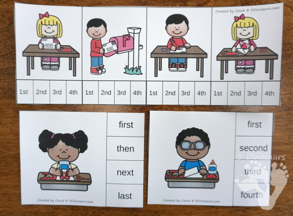 Two Fun Valentines Sequencing Sets: Making a Valentines and How To Mailing a Valentine -  with clip cards, task cards, no-prep worksheets and easy reader books $ - 3Dinosaurs.com #printablesforkids #sequencingforkids  #valetninesprintables #tpt #teacherspayteachers