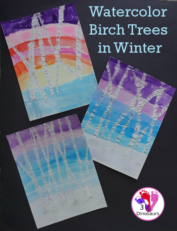 Easy To Paint Watercolor Birch Trees - make fun winter scene with birch trees using oil pastels and watercolors - 3Dinosaurs.com #watercolorforkids #paintingforkids #finemotorskills #winteractivitiesforkids