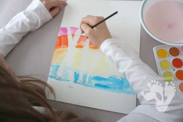 Easy To Paint Watercolor Birch Trees - make fun winter scene with birch trees using oil pastels and watercolors - 3Dinosaurs.com #watercolorforkids #paintingforkids #finemotorskills #winteractivitiesforkids