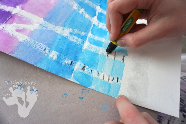 Easy To Paint Watercolor Birch Trees - make fun winter scene with birch trees using oil pastels and watercolors - 3Dinosaurs.com #watercolorforkids #paintingforkids #finemotorskills #winteractivitiesforkids