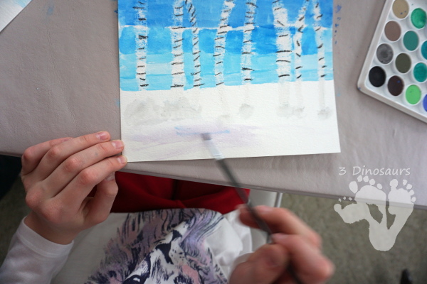 Easy To Paint Watercolor Birch Trees - make fun winter scene with birch trees using oil pastels and watercolors - 3Dinosaurs.com #watercolorforkids #paintingforkids #finemotorskills #winteractivitiesforkids