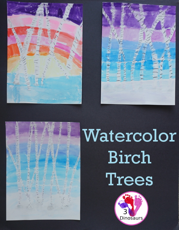 Easy To Paint Watercolor Birch Trees - make fun winter scene with birch trees using oil pastels and watercolors - 3Dinosaurs.com #watercolorforkids #paintingforkids #finemotorskills #winteractivitiesforkids