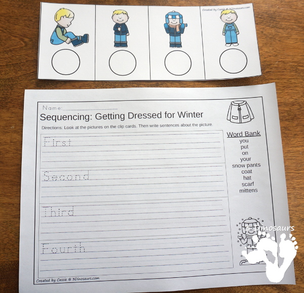 Winter Sequencing Sets -  with clip cards, task cards, no-prep worksheets and easy reader books $ - 3Dinosaurs.com #printablesforkids #sequencingforkids #winterprintables #tpt #teacherspayteachers