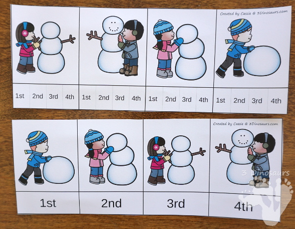 Winter Sequencing Sets -  with clip cards, task cards, no-prep worksheets and easy reader books $ - 3Dinosaurs.com #printablesforkids #sequencingforkids #winterprintables #tpt #teacherspayteachers