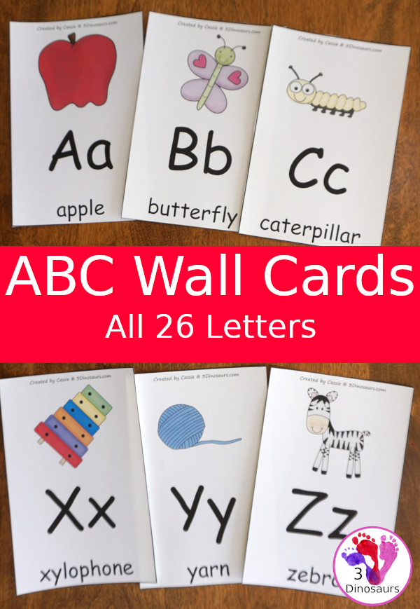 Free ABC Wall Cards - these are great to use with PreK and Kindergarten kids with all 26 letters - 3Dinosaurs.com