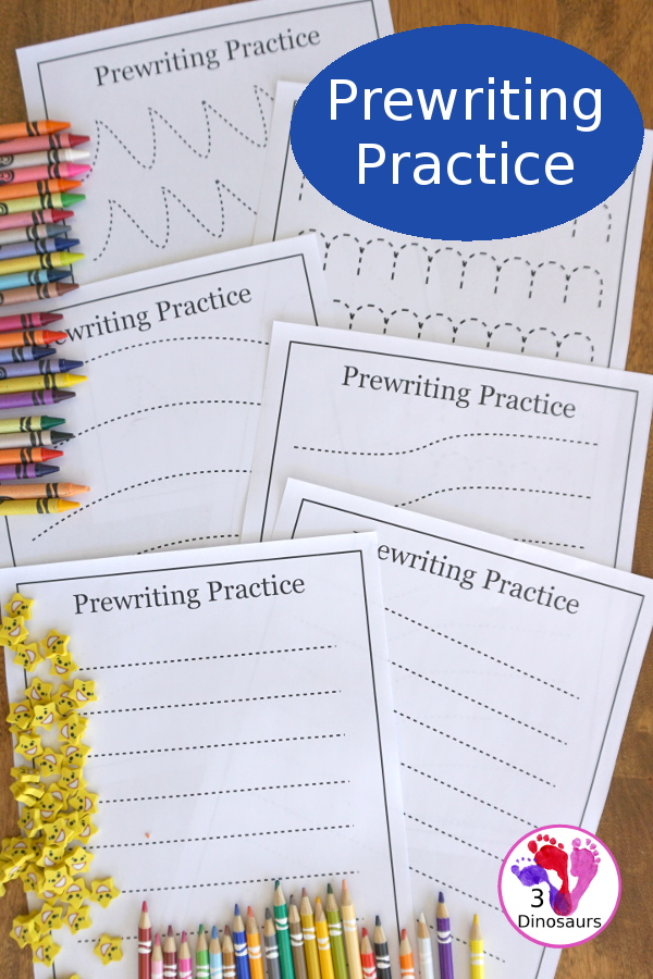 Free Prewriting Practice Printables - 14 different pages to work on fine motor skills for PreK and Kindergarten. A no-prep prewriting worksheet - 3Dinosaurs.com