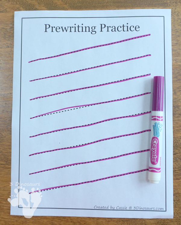 Free Prewriting Practice Printables - use markers for tracing the prewriting lines - 3Dinosaurs.com