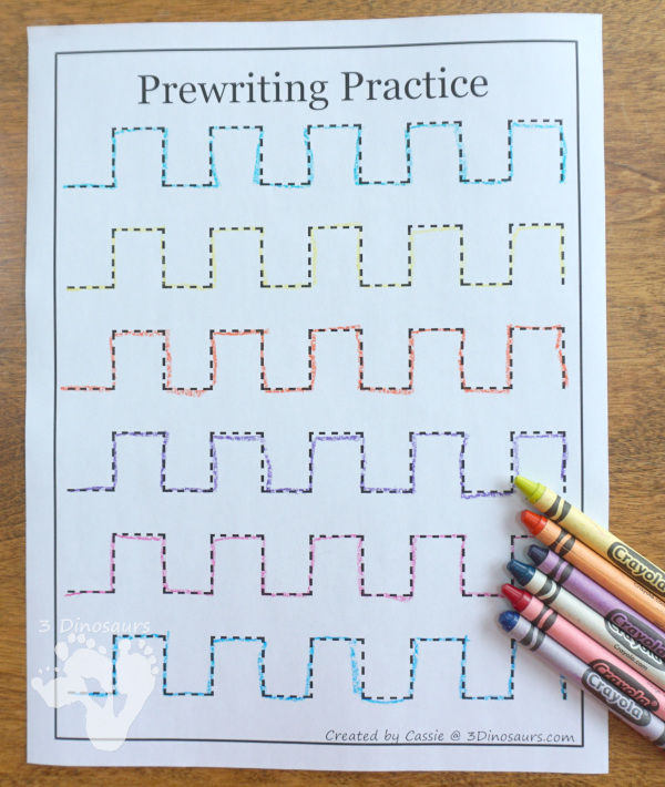 Free Prewriting Practice Printables - use favorite crayon colors to trace the lines - 3Dinosaurs.com