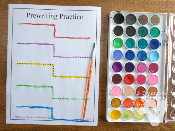Free Prewriting Practice Printables - using watercolors to do prewriting for working different fin emotor skills with the same printable - 3Dinosaurs.com
