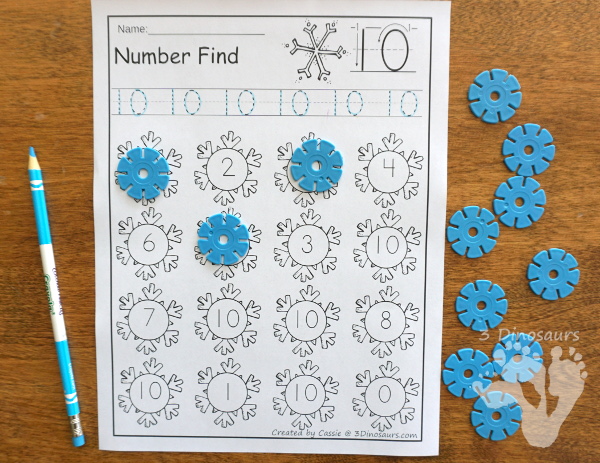 Snowflake Number Find - easy to use no-prep printable numbers 0 to 20 . You have number find for number words and number digits with tracing and finding numbers - 3Dinosaurs.com