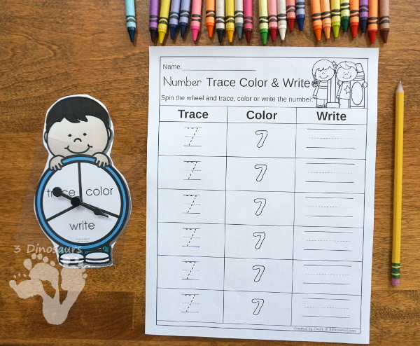 Trace, Color, & Write: ABCs, Numbers & Shapes - easy activities to work on write and drawing for kids. With an interactive element of spinning to see which you do - 3Dinosaurs.com