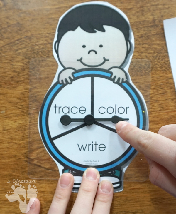 Trace, Color, & Write: ABCs, Numbers & Shapes - easy activities to work on write and drawing for kids. With an interactive element of spinning to see which you do - 3Dinosaurs.com
