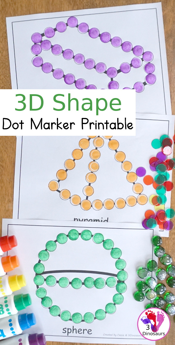 Free 3D Shape Dot Marker Pages - with 7 shapes for kids to work on learning the shape type and names - 3Dinosaurs.com