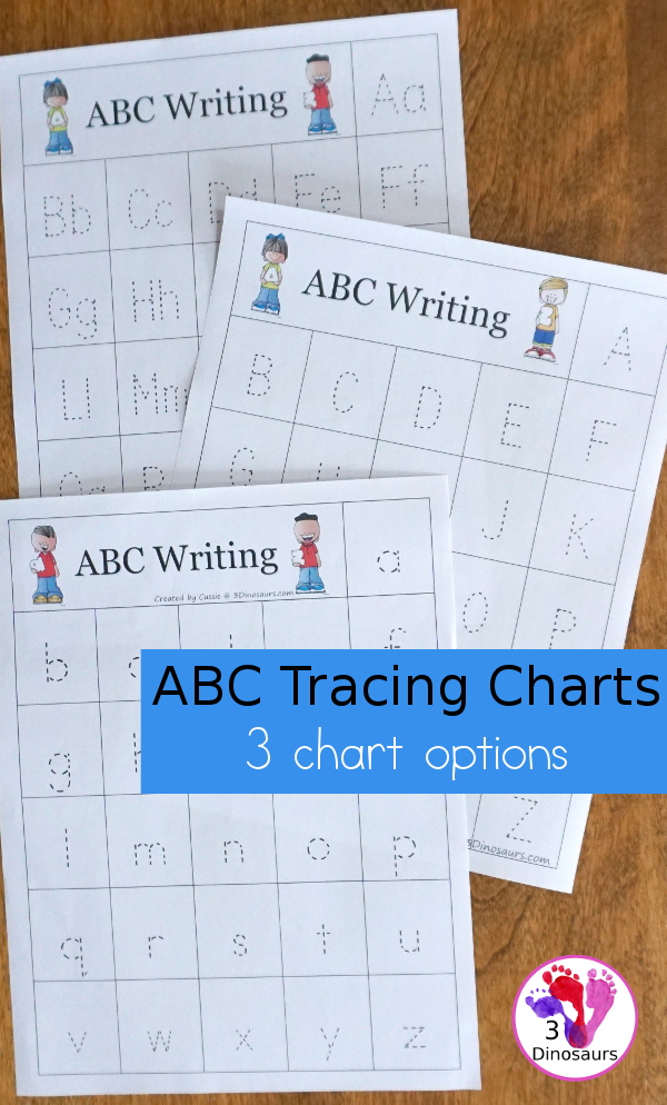 Free ABC Tracing Chart For PreK & Kindergarten - 3 charts with uppercase and lowercase together, uppercase only and lowercase only for kids to see all the letters together and trace them - 3Dinosaurs.com