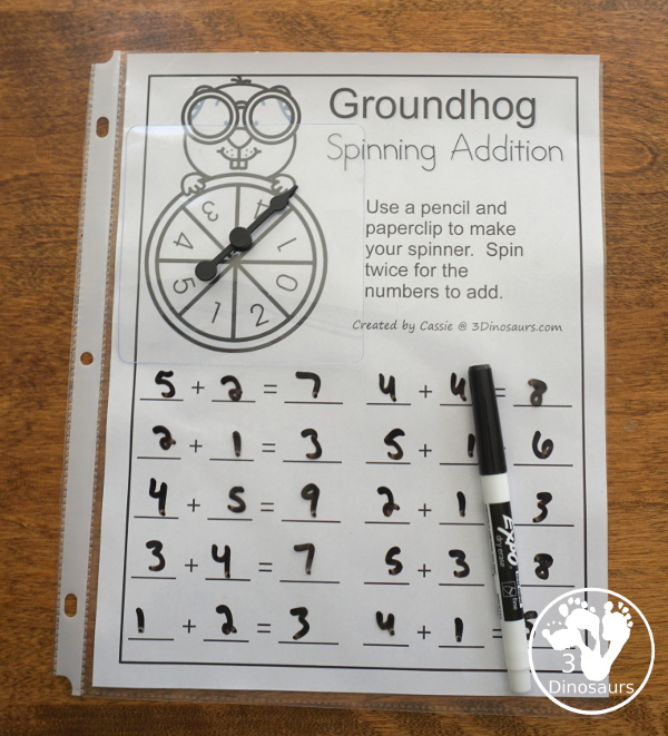Free Groundhog Spinning Addition - Easy No-Prep Printable - 3 levels of math with single, double and triple numbers  - 3Dinosaurs.com
