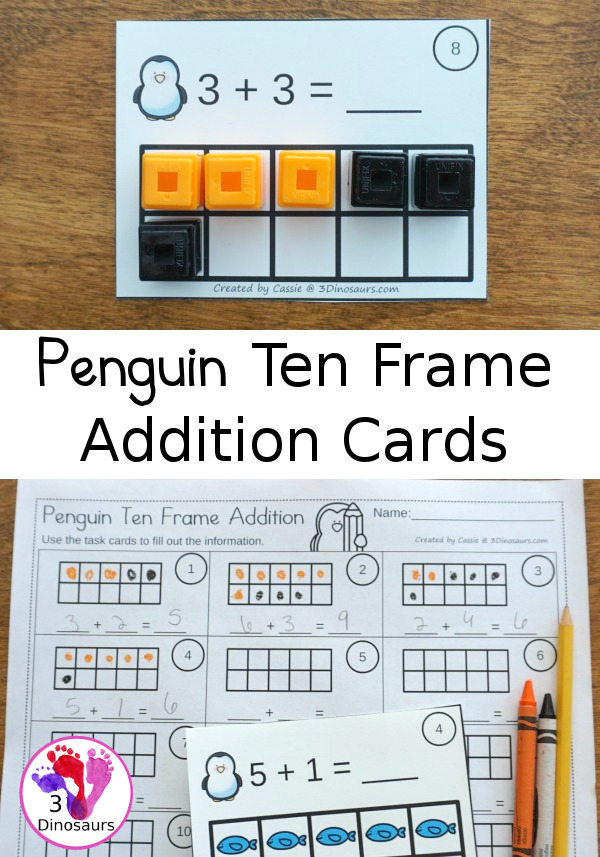 Free Penguin Addition Ten Frame Cards - 2 sets of cards with matching recording sheet. These are great for individual practice or a math center  - 3Dinosaurs.com