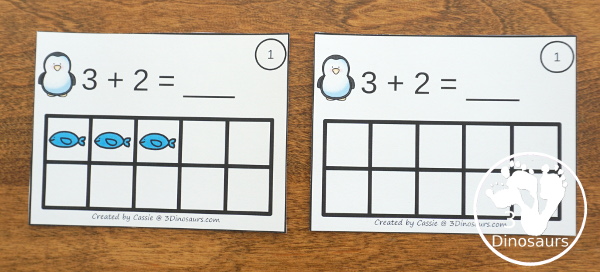 Free Penguin Addition Ten Frame Cards - 2 sets of cards with matching recording sheet. These are great for individual practice or a math center  - 3Dinosaurs.com