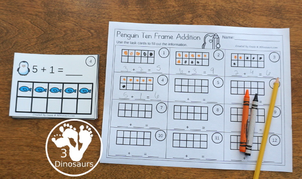 Free Penguin Addition Ten Frame Cards - 2 sets of cards with matching recording sheet. These are great for individual practice or a math center  - 3Dinosaurs.com