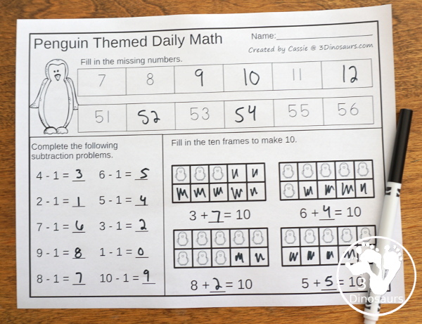 No-Prep Penguin Themed Addition & Subtraction - 30 pages no-prep printables with a mix of addition and subtraction activities plus a math center activity - 3Dinosaurs.com #noprepmath #tpt #addition #penguin #kindergarten #firstgrade #subtraction