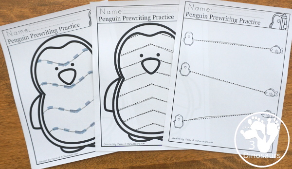 Penguin Activities Pack for Prewriting, Shapes, ABCs, and Numbers - the different types of prewriting pages in the set - 3Dinosaurs.com