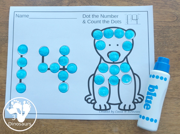 Polar Bear & Penguin Dot the Number Count the Number - this is a fun counting activity with dot markers that works on numbers 0 to 20 with color or black and white options - 3Dinosaurs.com #winteractivities #polaranimals #dotmaker #doadot #numbers #counting  #kindergarten #prek