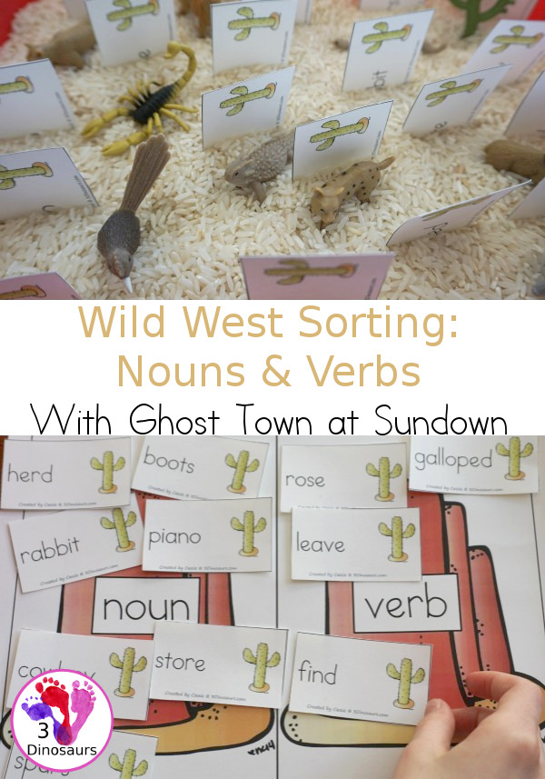 Free Wild West Noun & Verb Sorting with Ghost Town at Sundown - 20 sorting cards for nouns and verbs with sorting mat and writing worksheet - 3Dinosaurs.com