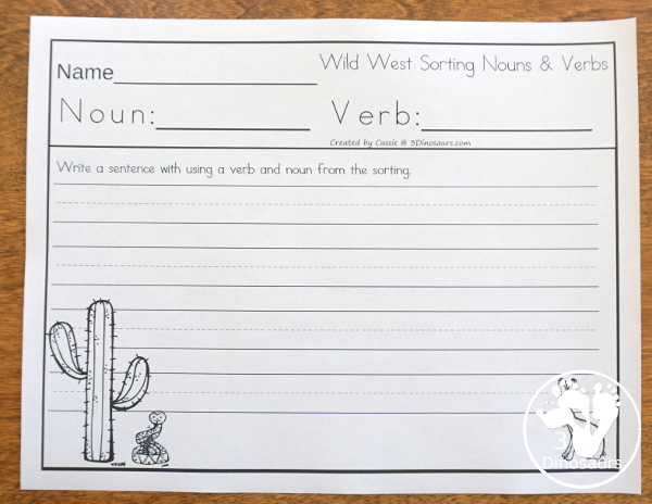 Free Wild West Sorting Nouns & Verbs - with Ghost Town at Sundown - a look at the writing sheet that matches up with the noun and verb cards and sorting mat - 3Dinosaurs.com