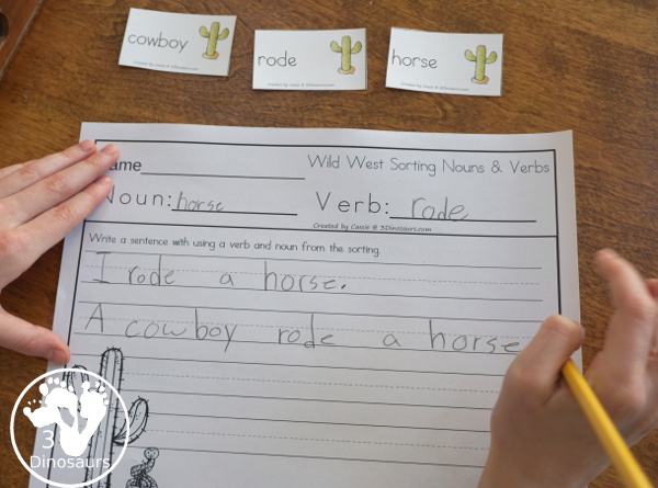 Free Wild West Sorting Nouns & Verbs - with Ghost Town at Sundown - sorting the cards to the noun and verb mats - 3Dinosaurs.com