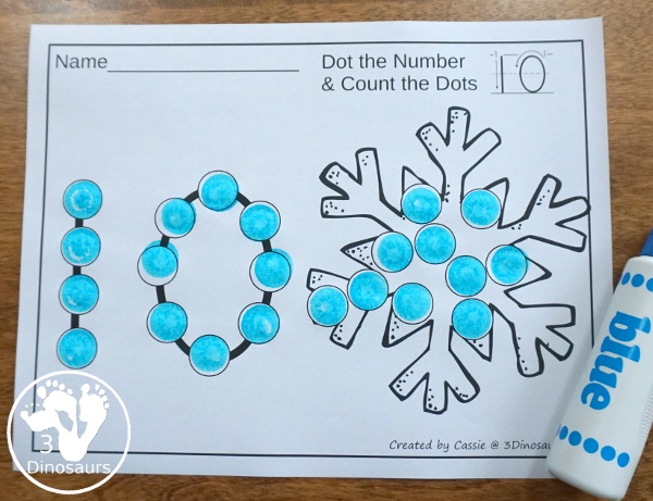 Snowman, Snowflake & Mitten Dot the Number Count the Number - this is a fun counting activity with dot markers that works on numbers 0 to 20 with color or black and white options - 3Dinosaurs.com #winteractivities #dotmaker #doadot #numbers #counting  #kindergarten #prek