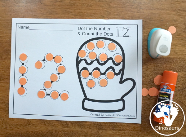 Snowman, Snowflake & Mitten Dot the Number Count the Number - this is a fun counting activity with dot markers that works on numbers 0 to 20 with color or black and white options - 3Dinosaurs.com #winteractivities #dotmaker #doadot #numbers #counting  #kindergarten #prek