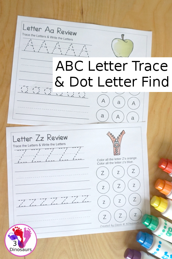 Free ABC Letter Tracing & Dot Letter Find Printable - with tracing and writing of uppercase and lowercase letter with letter find for uppercase and lowercase letters for the whole alphabet - 3Dinosaurs.com
