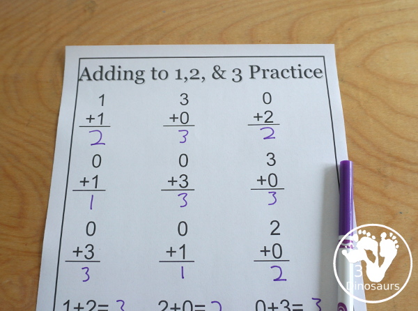 Free Addition: Ways to Add 1, 2, 3 - fun math printables that work on learning to add up to a number and the set starts with adding to 1, 2 and 3 - 3Dinosaurs.com