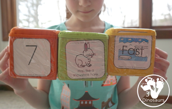 Free Arctic Animals Themed Gross Motor Dice to get kids moving and have fun with easy gross motor animals movements for the arctic animals. This is a fun change-up and great for doing polar bear walks, swimming like a beluga whale, and more - 3Dinosaurs.com