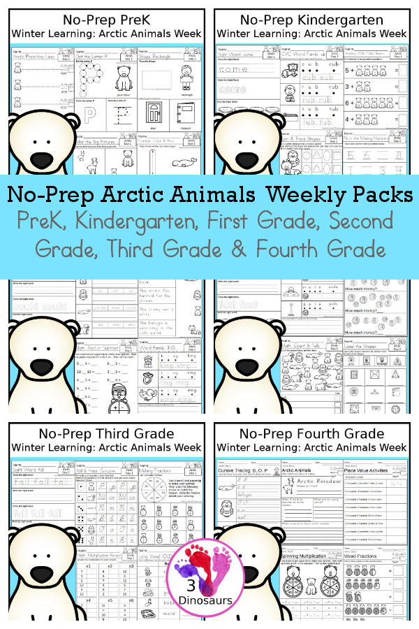 No-Prep Arctic Animals Themed Weekly Packs for PreK, Kindergarten, First Grade, Second Grade, Third Grade & Fourth Grade with 5 days of activities to do for each grade level - You will find math language and more- These are great arctic animals printables with loads of fun with for kids to have for fun winter learning activities - 3Dinosaurs.com