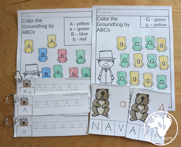 Groundhog Activities Pack for Alphabet - alphabet find and color, ABC find color and trace, abc clip cards with uppercase and lowercase letters, ABC tracing strips with three different types - 3Dinosaurs.com