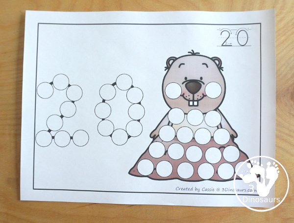 Groundhog Dot the Number Count the Number - easy way to work on numbers from 0 to 20 with fine motor work and counting with this great for Groundhog Day themed for PreK and Kindergarten - 3Dinosaurs.com