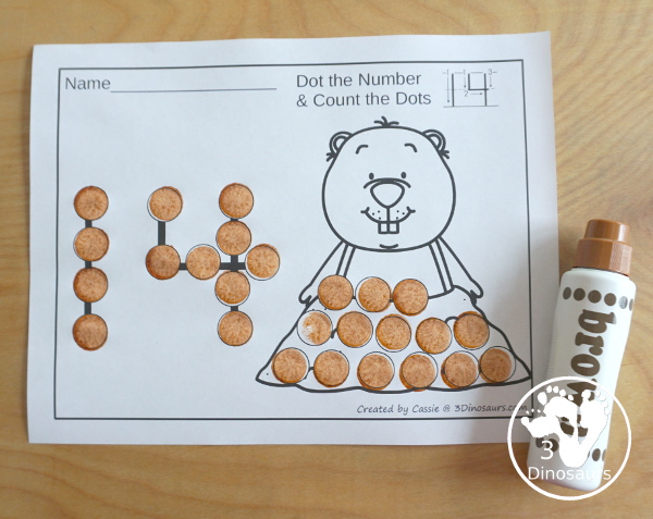 Groundhog Dot the Number Count the Number - easy way to work on numbers from 0 to 20 with fine motor work and counting with this great for Groundhog Day themed for PreK and Kindergarten - 3Dinosaurs.com