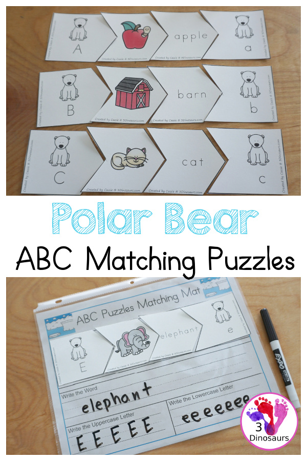 Free Polar Bear ABC Matching Puzzle - fun ways to work on matching letters with polar bears with letters, words, and pictures An easy hands-on alphabet learning activities for kids in kindergarten and preschool - 3Dinosaurs.com