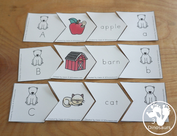 Free Polar Bear ABC Matching Puzzle - fun ways to work on matching letters with polar bears with letters, words, and pictures An easy hands-on alphabet learning activities for kids in kindergarten and preschool - 3Dinosaurs.com