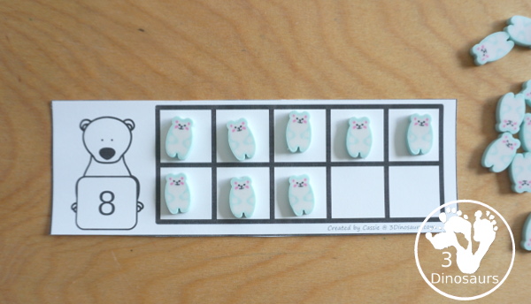 Free Polar Bear Themed Ten Frame Cards with numbers from 1 to 10 with two types of cards - shows ways to use one to one matching for numbers - 3Dinosaurs.com