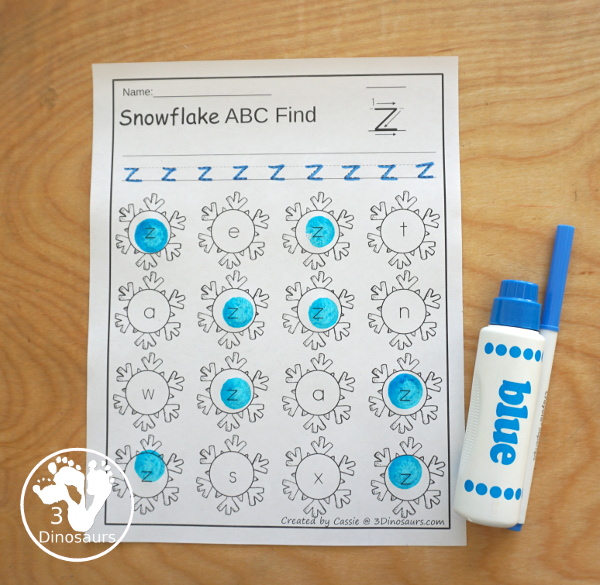 Snowflake Themed ABC Letter Find: It has all the letters of the alphabet with uppercase and lowercase options with tracing - 3Dinosaurs.com