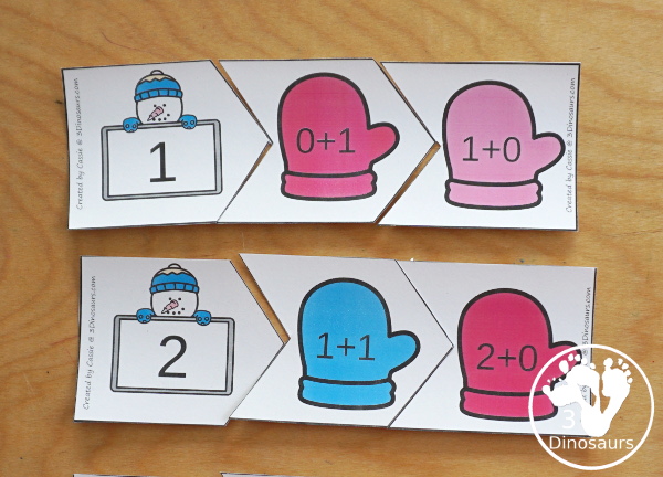 Free Snowman Addition Matching Puzzles to work on addition from 1 to 10. They are a 3 piece matching puzzles.  - 3Dinosaurs.com