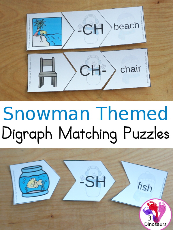 Free Snowman Digraph Matching Puzzles - 3 piece puzzles with 11 digraphs with matching picture, digraph and word - 3Dinosaurs.com