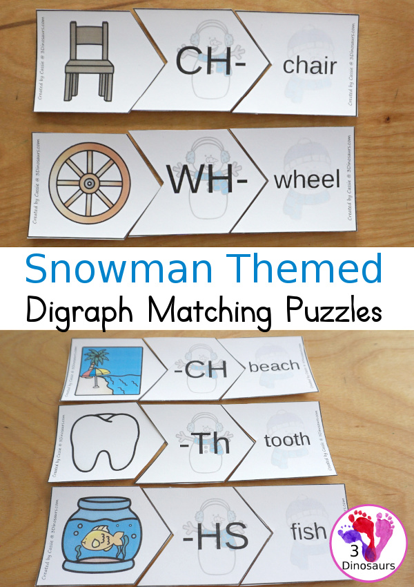 Free Snowman Digraph Matching Puzzles - 3 piece puzzles with 11 digraphs with matching picture, digraph and word - 3Dinosaurs.com