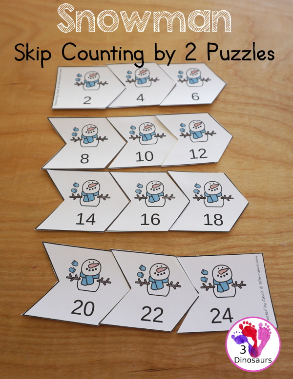 Free Snowman Skip Counting By 2 Puzzles - it has 12 piece puzzle to work on skip counting from 2 to 24  - 3Dinosaurs.com