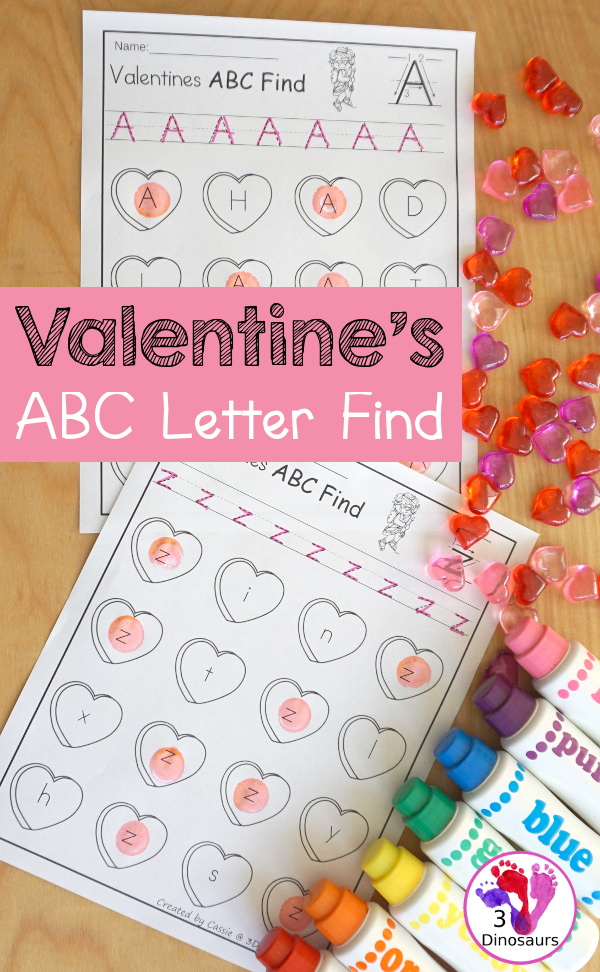 Valentines ABC Letter Find - uppercase and lowercase letter finds with all 26 letters of the alphabet with fun heart finds for working on learning and tracing letters - 3Dinosaurs.com