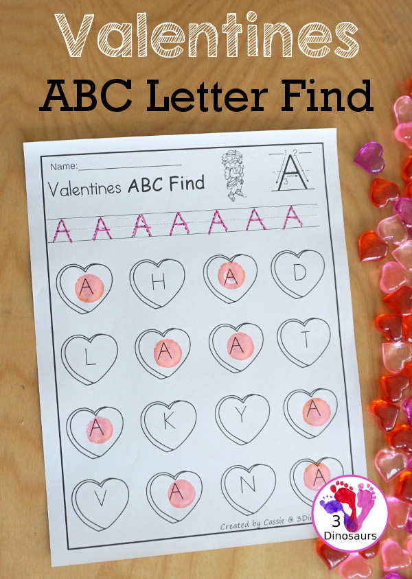 Valentines ABC Letter Find - uppercase and lowercase letter finds with all 26 letters of the alphabet with fun heart finds for working on learning and tracing letters - 3Dinosaurs.com