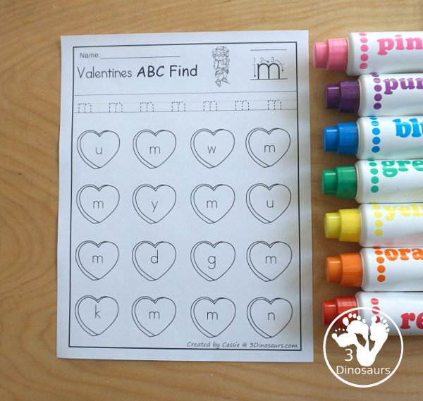 Valentines ABC Letter Find - uppercase and lowercase letter finds with all 26 letters of the alphabet with fun heart finds for working on learning and tracing letters - 3Dinosaurs.com