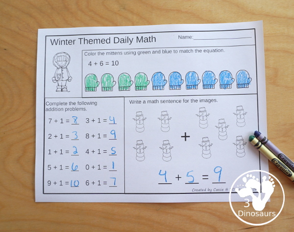 No Prep Winter Addition & Subtraction - 30 pages no-prep printables with a mix of addition and subtraction activities plus a math center activity - 3Dinosaurs.com #noprepmath #tpt #addition #subtraction